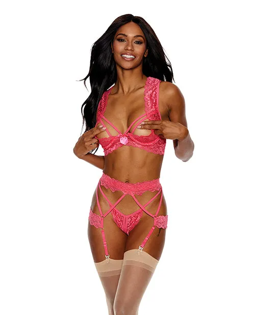 Lace Underwire Peek A Boo Bra. Garterbelt & G-string Coral