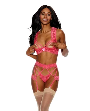 Lace Underwire Peek A Boo Bra. Garterbelt & G-string Coral