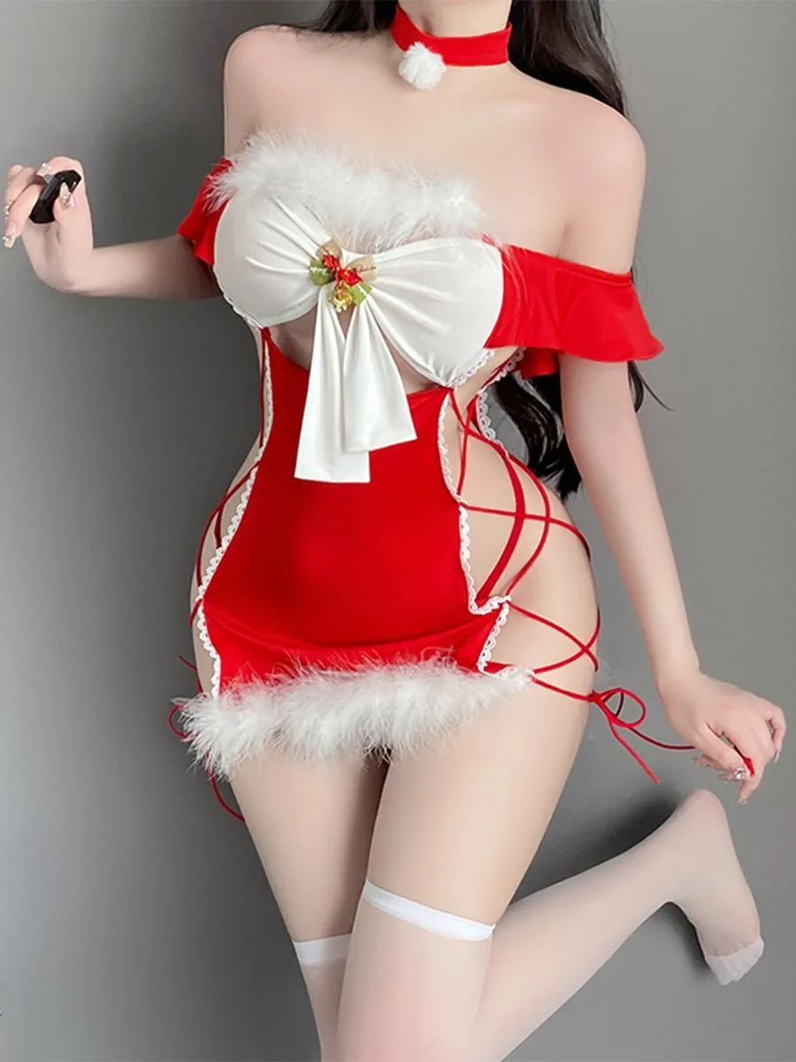 Off Shoulder Lace Up Santa Dress