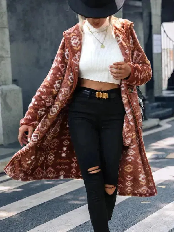 Printed Hooded Women Trench Coat