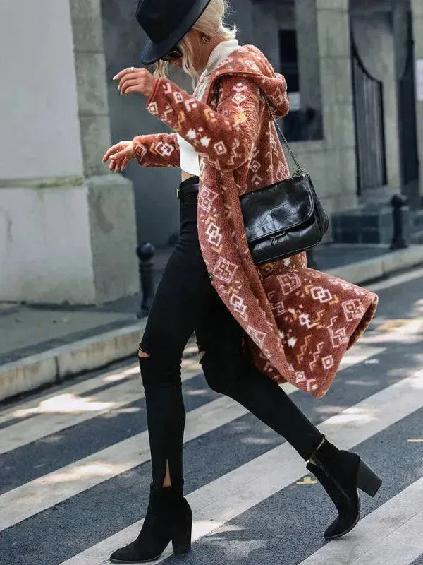 Printed Hooded Women Trench Coat