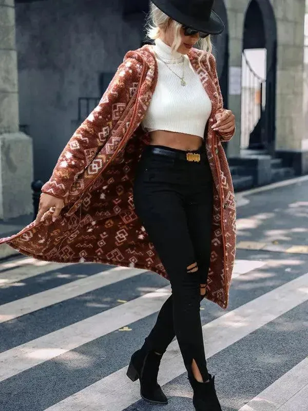 Printed Hooded Women Trench Coat
