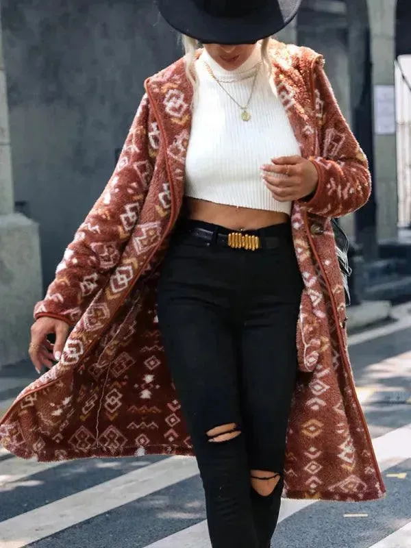 Printed Hooded Women Trench Coat