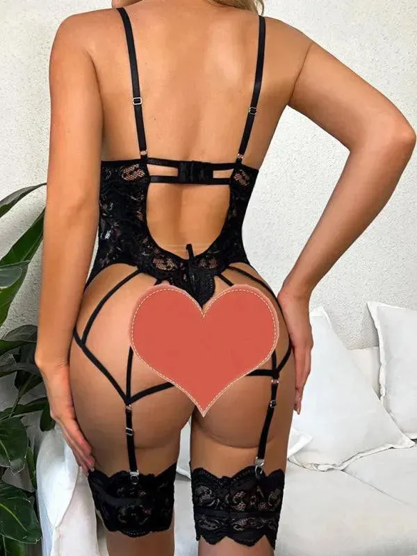 Sexy Floral Lingerie Set. Backless One-Piece