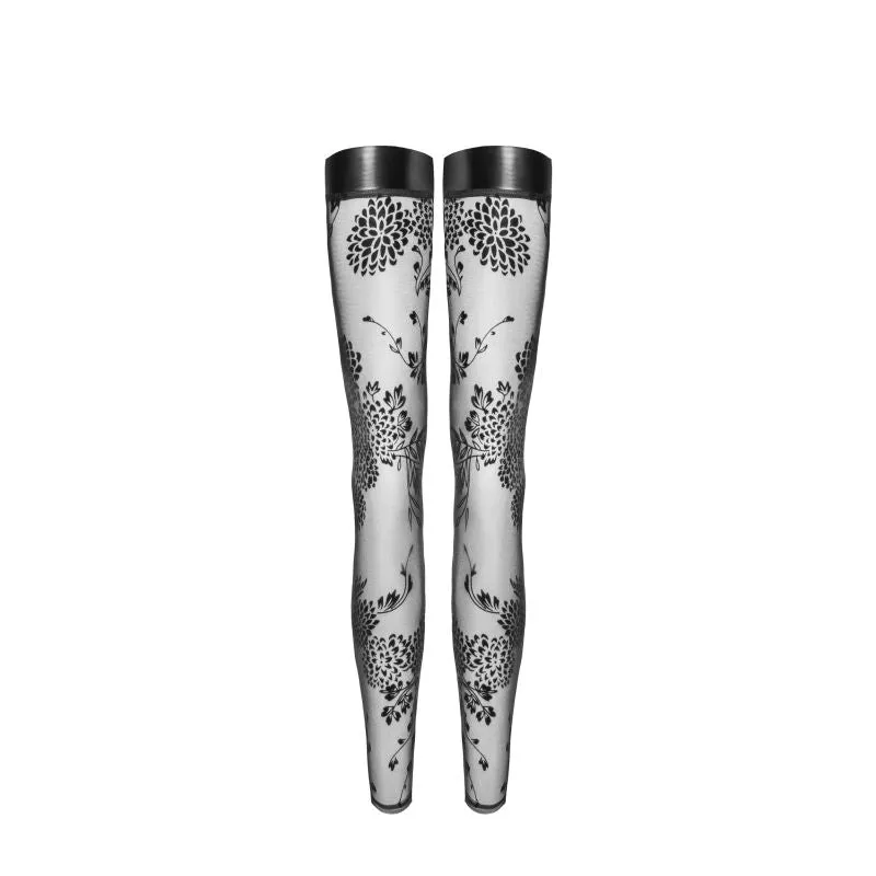 Tulle Stockings w Patterned Flock Embroidery & Power Wetlook Band
