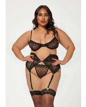 Valentines Heart Embroidered Mesh Bra. Waspie & Panty Black