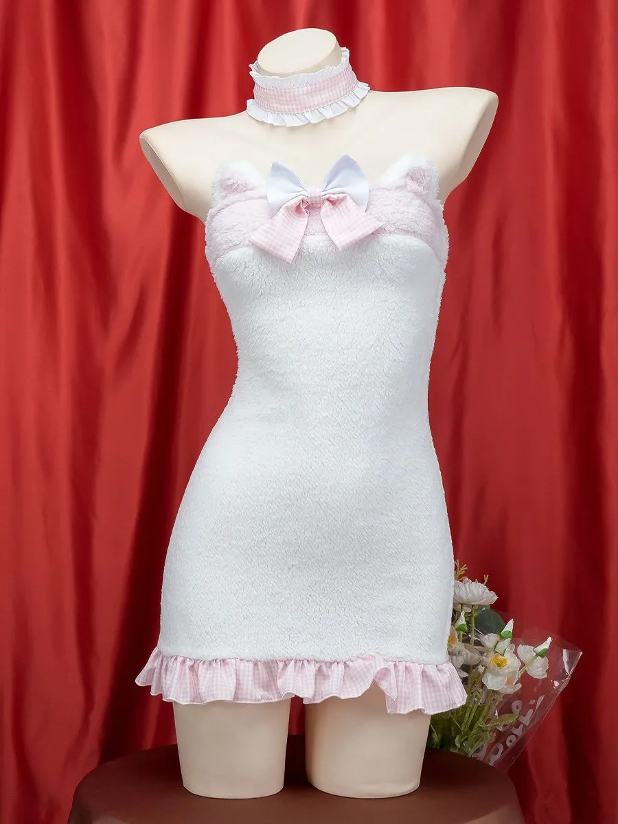 White Furry Cat Strapless Mini Dress