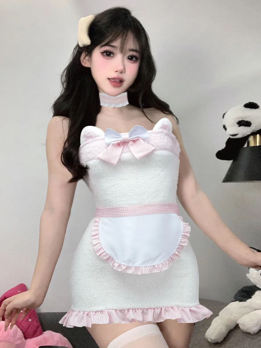 White Furry Cat Strapless Mini Dress