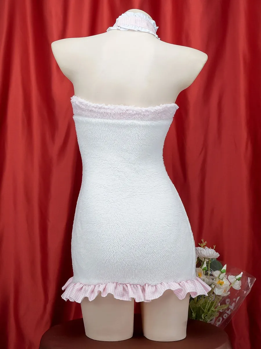 White Furry Cat Strapless Mini Dress