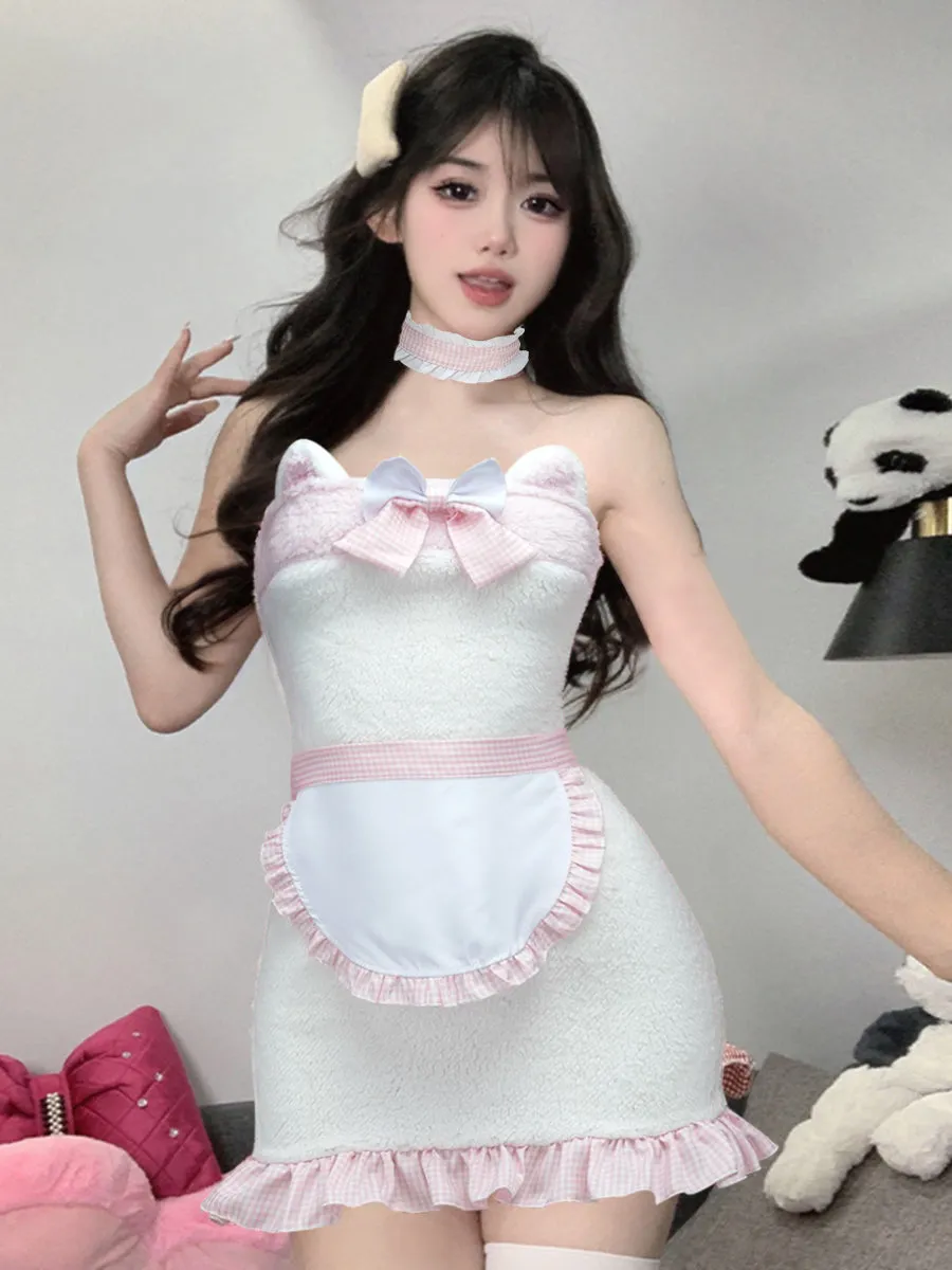 White Furry Cat Strapless Mini Dress