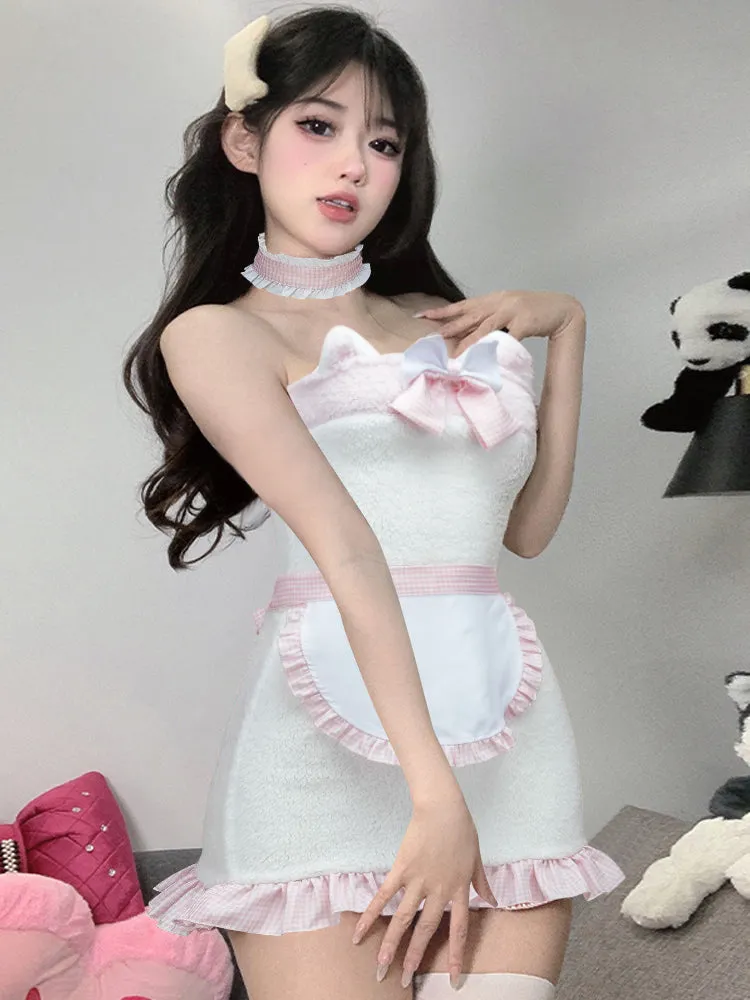 White Furry Cat Strapless Mini Dress