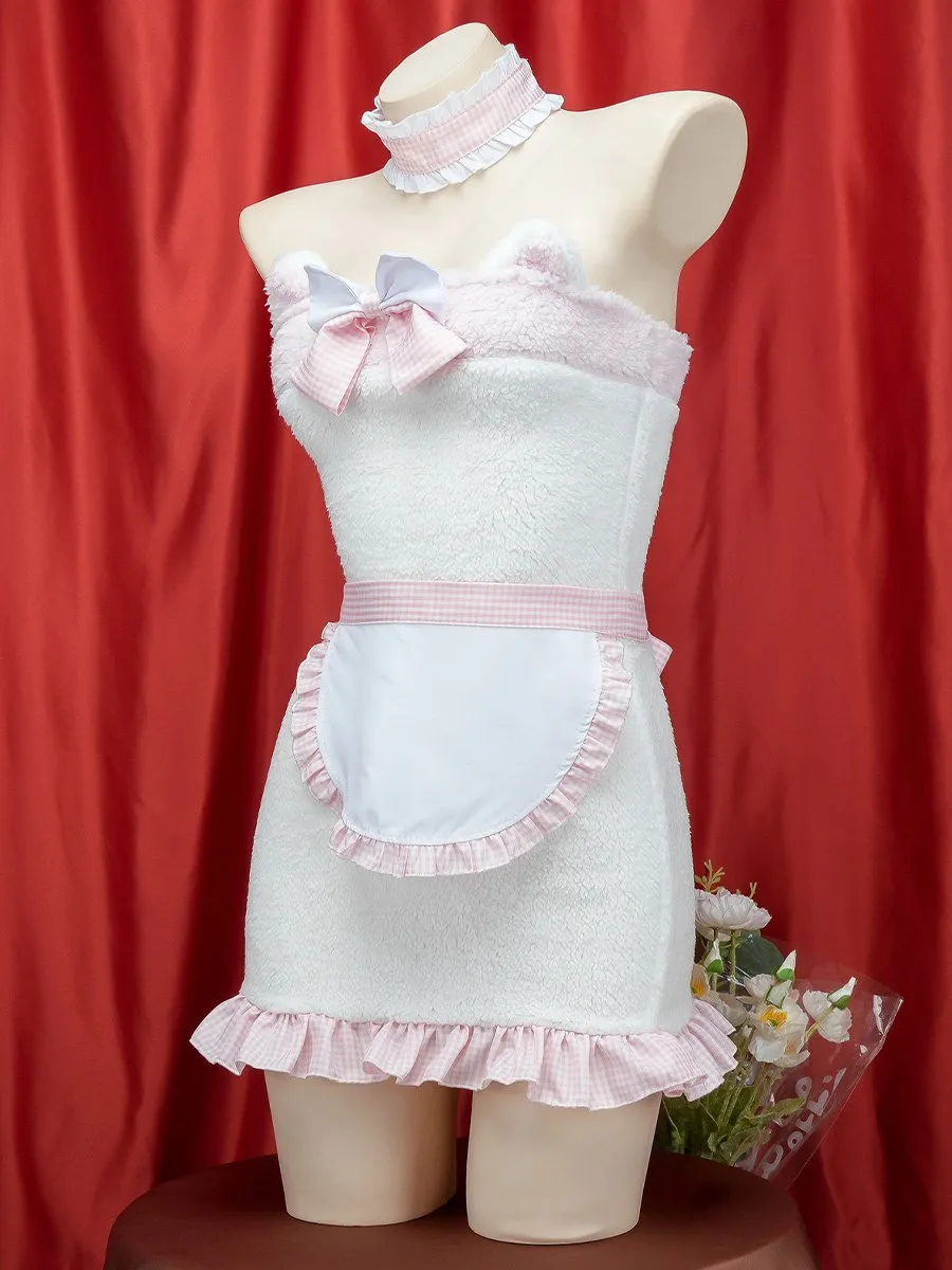 White Furry Cat Strapless Mini Dress