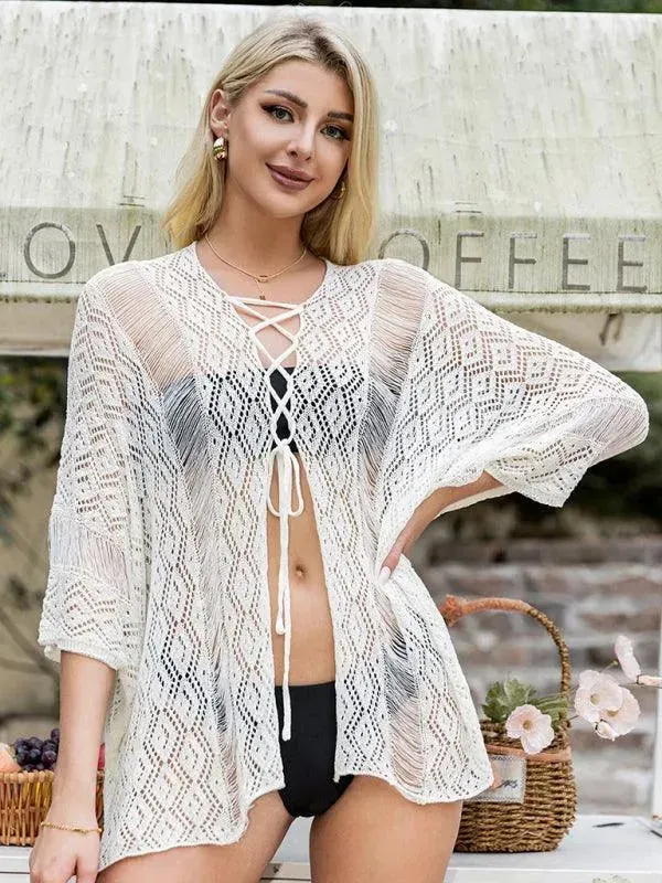 Women Solid Color Hollow Lace-Up Cardigan Beach Top