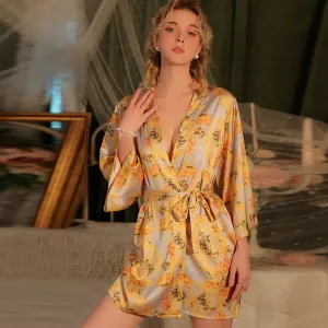 Yomorio Sexy Japanese Kimono Satin Bloom Print Robe Yukata Costumes Pajamas